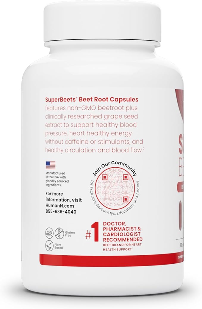 HumanN SuperBeets Beet Root Capsules Quick Release 1000mg, Helps Support Nitric Oxide Production, Blood Pressure, Heart Health, Contains Non-GMO Beetroot Powder, Studied Antioxidants 90 Count