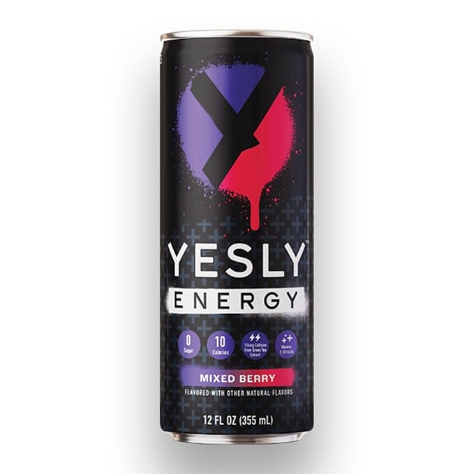 Yesly Energy Drink, Mixed Berry, Naturally Flavored Sparkling Energy Water With Electrolytes, Magnesium, Potassium, Vitamin C, B6 & B12, Natural Caffeine From Green Tea, 12 Fl Oz Cans, 12 Pack