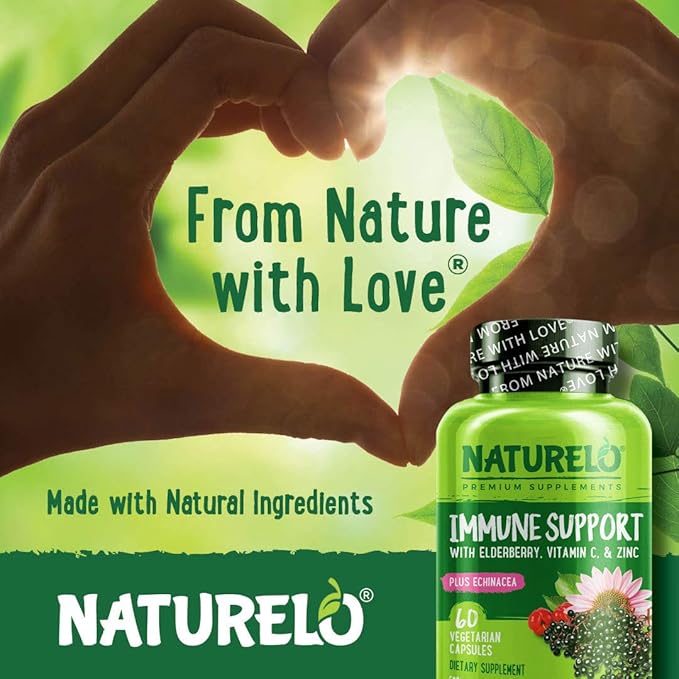 NATURELO Immune Support – Vitamin C, Elderberry, Zinc, Echinacea – Natural Immunity Boost w/Antioxidant, Herbal & Mineral Defense - 60 Vegan Capsules (Pack of 2)