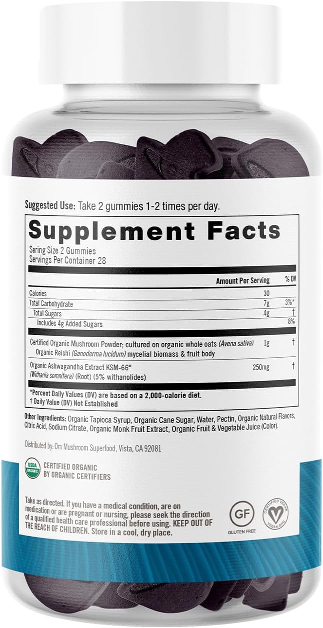 OM Mushroom Superfood Relax Gummies, 28 Servings, Blueberry Gummy Supplement with Reishi and Ashwagandha for Stress Relief