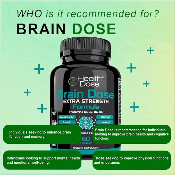 Brain Dose Premium Nootropics - Caffeine-Free Extra Strength Formula for Men & Women - Supports Brain Health, Cognitive Focus & Memory Retention, Pack of 5.