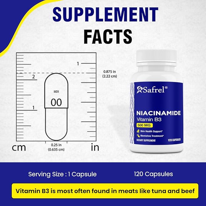 Safrel Niacinamide 500mg (Vitamin B3) - 120 Capsules - Skin Health & Blemish Support - Non-GMO, Gluten-Free - Flush-Free Formula - for Men and Women’s Health