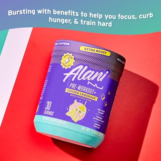 Alani Nu Pre Workout+ Powder Frozen Lemonade, Extra Boost, Sugar Free, 300mg Caffeine, L-Theanine, Beta-Alanine, Citrulline, 30 Servings