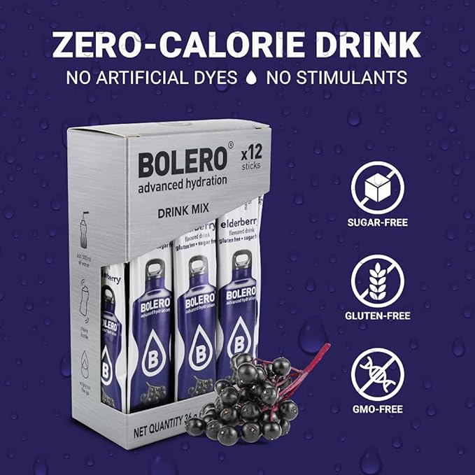 Bolero- Sugar Free Drink Mix Packets Elderberry Fruit Flavors | Powdered Flavored Water Packets | 36 Singles Sticks On The Go Packets
