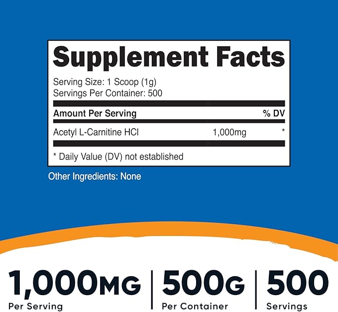 Nutricost Acetyl L-Carnitine (ALCAR) 500 Grams - 1000mg Per Serving - Pure Acetyl L-Carnitine Powder