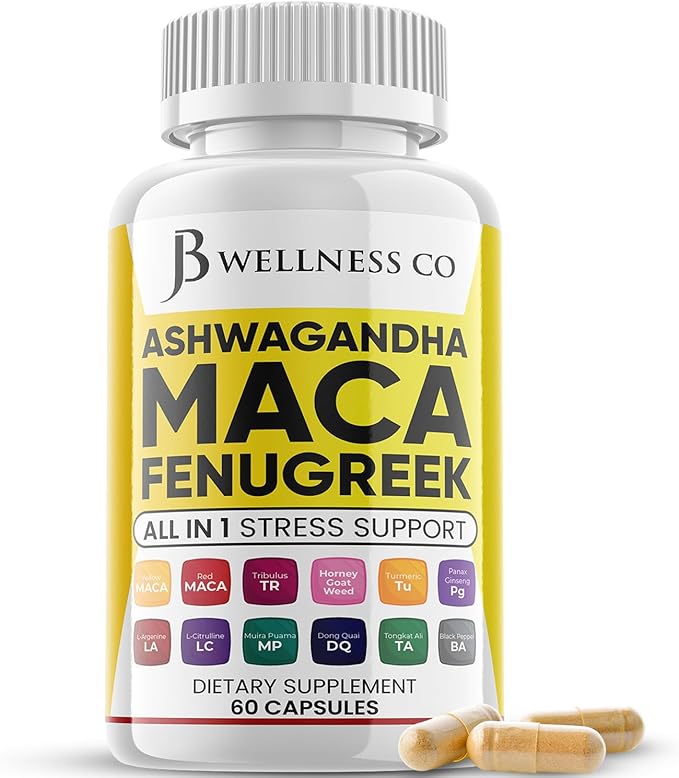 Ashwagandha Maca Root, Fenugreek Supplement with Tongkat Ali Ginseng - Assists with Mood & Thyroid Health - 60 Count