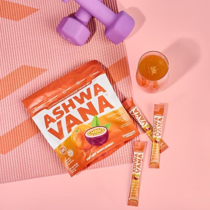 Ashwavana Ashwagandha & Vitamin D Drink Mix With L-Theanine, K2, Rhodiola, 100MG Time-Release Caffeine - Orange Passion Fruit Flavor. America's #1 Ashwa Drink