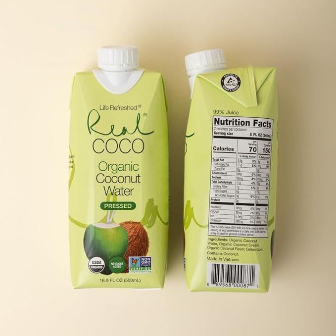 Real Coco Organic Pressed Coconut Water (12-Pack 500mL), USDA Organic, No Sugar Added, Essential Electrolytes, Plant Based, NON GMO, Dairy & Soy Free