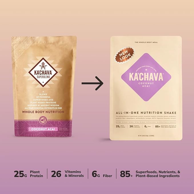 Ka’Chava All-In-One Nutrition Shake Blend, Coconut Acai, 15 Servings, 85+ Superfoods & Nutrients, Meal Replacement, Greens Plant-Based Superfood Powder Protein Drink, Digestive Enzymes & Probiotics, Vegan Dairy Gluten Free