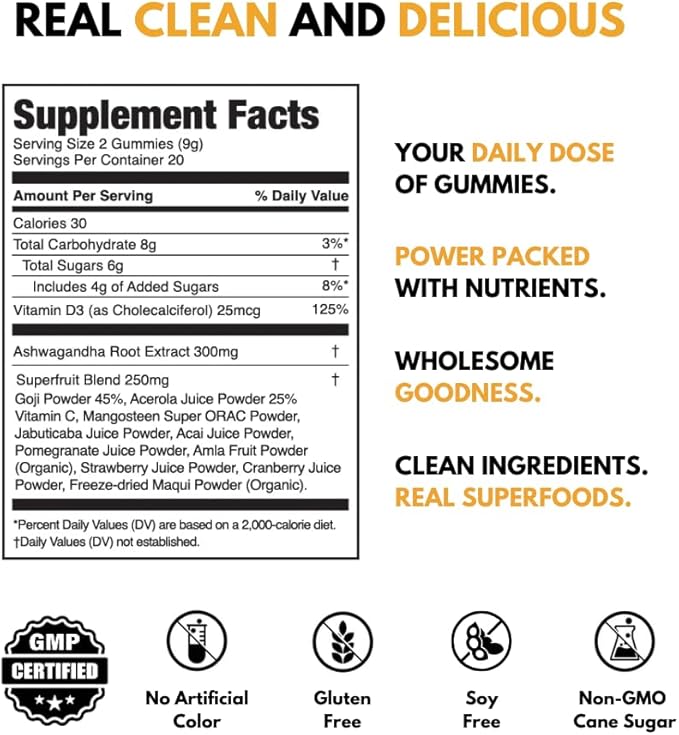 JUGO Focus + Superfood Gummies | Vitamin D & Ashwagandha | 40 Count | Focus & Mental Clarity for Adults | Gelatin-Free, Gluten-Free, Plant-Based, Non-GMO