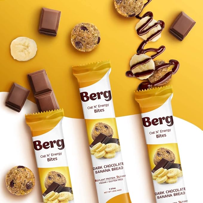Berg Oat N' Energy Bites - Dark Chocolate Banana Bread - Non-GMO, Gluten Free, Dairy Free, Soy Free and Vegan - Clean Energy Snack - 1.5oz, (8 Pack)