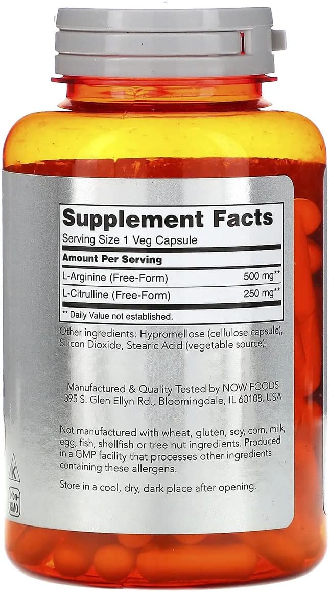 Now Foods Arginine 500mg with Citrulline 250 mg-120 Capsules