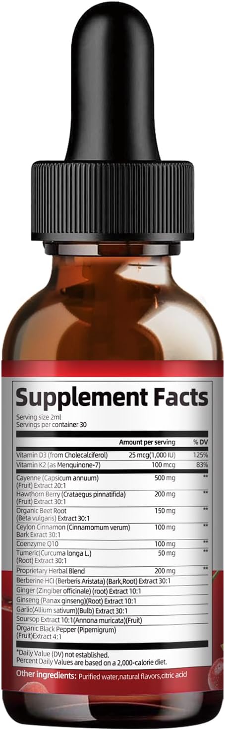 Cayenne Pepper Drops Supplement Liquid with Vitamin D3 K2, Hawthorn Berry, Organic Beet Root, Ceylon Cinnamon, Coenzyme Q10, Berberine, Ginseng Extract Supports Immune Health, 2 FL.OZ