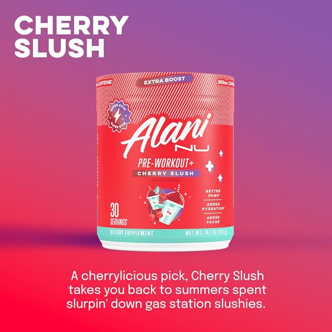 Alani Nu Pre Workout+ Powder Cherry Slush, Extra Boost, Sugar Free, 300mg Caffeine, L-Theanine, Beta-Alanine, Citrulline, 30 Servings