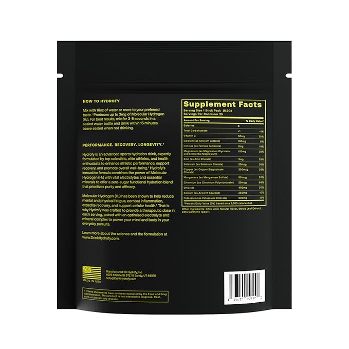 Hydrofy Hydrogen Water + Electrolytes Drink Mix | Superior Hydration Packets with Molecular Hydrogen (H2), Sodium, Potassium, Magnesium, Calcium, and Minerals | No Sugar | Lemon Lime | 25 ct