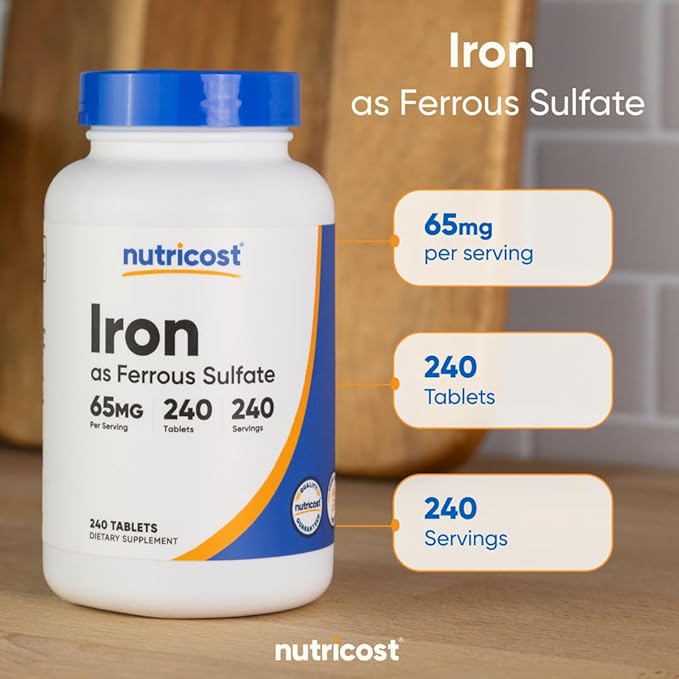 Nutricost Iron (As Ferrous Sulfate) 65mg, 240 Tablets - Non-GMO, Gluten Free