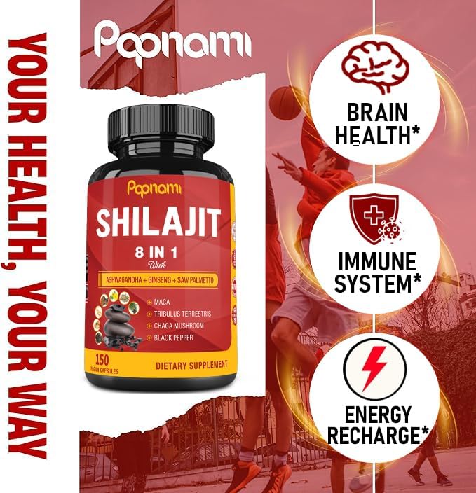 Shilajit Himalayan Supplement for Men & Women - 150 Capsules Combined Ashwagandha, Ginseng, Saw Palmetto, Maca, Tribulus, Chaga & Black Pepper - Vitality Energy and Immune Supports