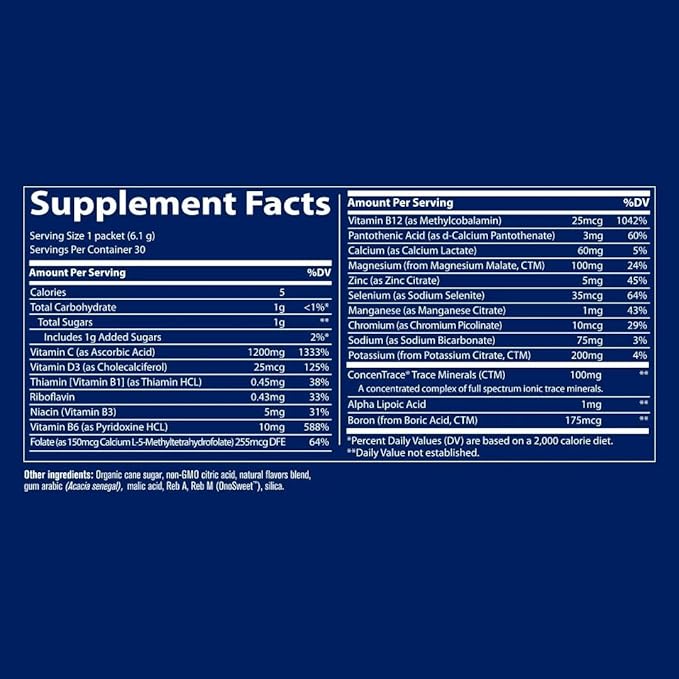 Trace Minerals | Power Pak Electrolyte Powder Packets | 1200 mg Vitamin C, Zinc, Magnesium | Boost Immunity, Hydration and Natural Energy | Lemon Lime | 30 Packets