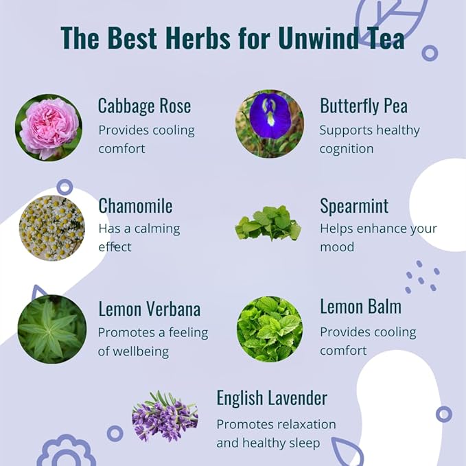 Unwind | Offers Stress and Mood Support, Promotes restful Sleep and Relaxation | with Lavender, Chamomile, Rose, Lemon Balm | Organic Ingredients | Rose Mint Flavor | 30 Tea Bags