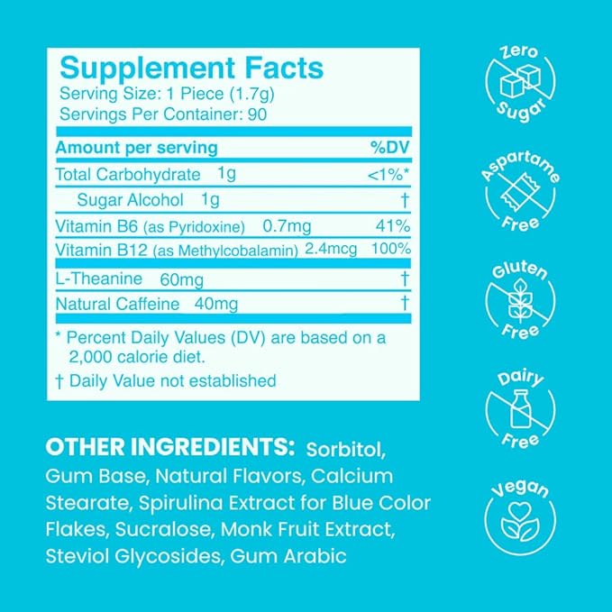 NeuroGum Energy Caffeine Gum (90 Pieces) - Sugar Free with L-theanine + Natural Caffeine + Vitamin B12 & B6 - Nootropic Energy & Focus Supplement for Women & Men - Keto & Vegan, Peppermint Flavor