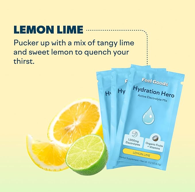 Feel Goods Hydration Hero, 1,000mg Electrolytes Powder, Sugar Free, Magnesium, Organic Aloe Vera, L Theanine, Vitamin C & B12, Non GMO, Keto, Vegan, Electrolyte Packets | Lemom Lime, 15 Count