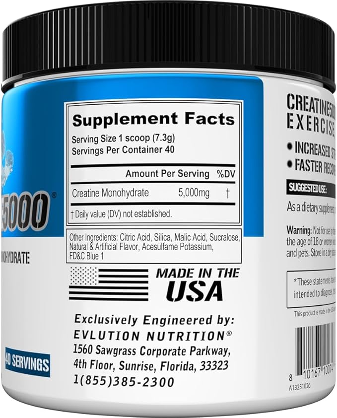 Evlution Nutrition Creatine 5000 - Supports Faster Recovery, Lean Muscle Growth & Performance - Pre & Post Workout Powder - 5000mg Pure Creatine Monohydrate Per Serving - 40 Servings - Blue Raz