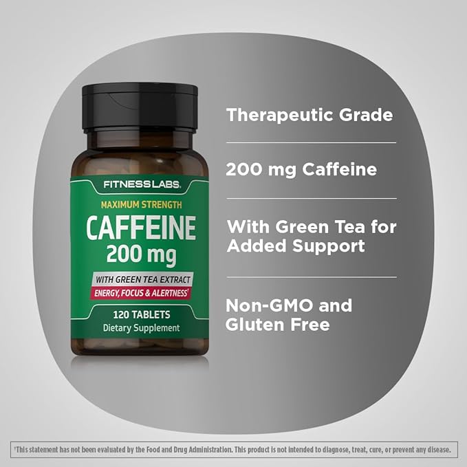 Fitness Labs Caffeine Pills | 200mg | 120 Tablets | with Green Tea Extract | Maximum Strength Supplement | Vegetarian, Non-GMO, Gluten Free