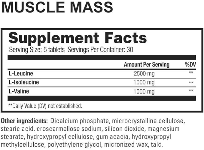 Beverly International Muscle Mass, 150 Tablets. A Free-Form Branched-Chain Amino Acid (BCAA) for Lean Muscle Mass & Recovery. Contains 2.5:1:1 Ratio of Leucine to Isoleucine to Valine. Muscle Fuel