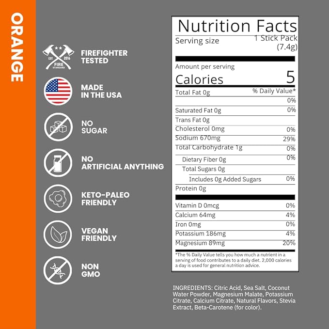 Fire Science Fire Salt Hydration Sticks, Electrolytes & Coconut Water, Hydration Drink Mix with Magnesium, Potassium & Sodium, Zero Sugar, Single Serve On The Go Packs, Vegan, Orange Flavor, 32 Count