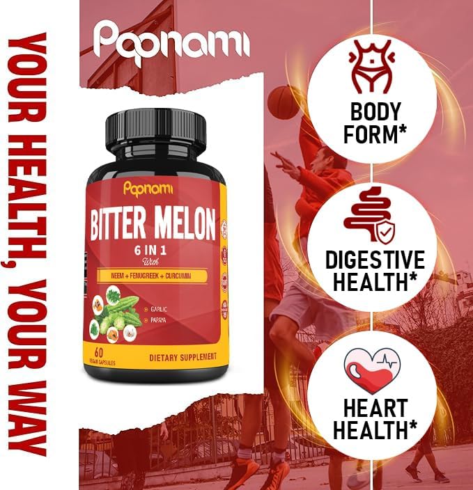 Organic Bitter Melon Extract Capsules - 60 Pills 2 Month - Combined Neem, Fenugreek, Curcumin, Garlic & Papaya
