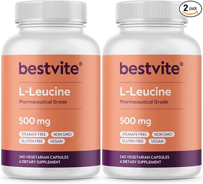 BESTVITE L-Leucine 500mg per Capsule (480 Vegetarian Capsules) (240x2) - No Stearates - No Fillers - No Flow Agents - Vegan - Non GMO - Gluten Free