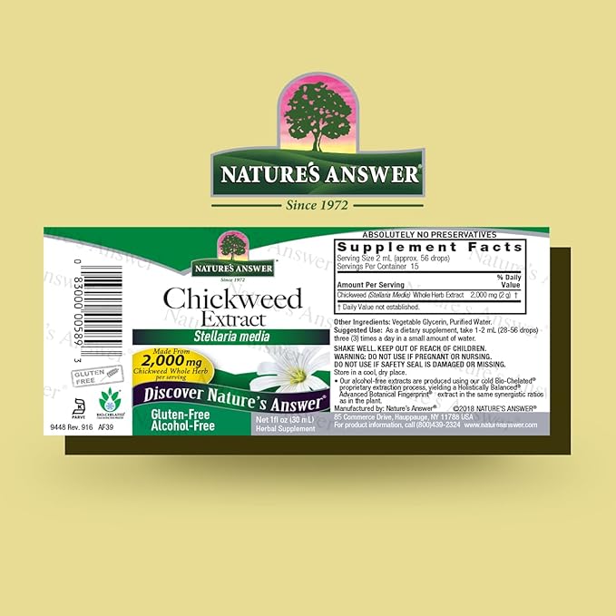 Nature's Answer Alcohol-Free Chickweed Stelleria Media 2000mg 1oz Extract | Herbal Supplement | Promotes Digestion | Non GMO, Kosher, Gluten Free, Vegan | Single Count
