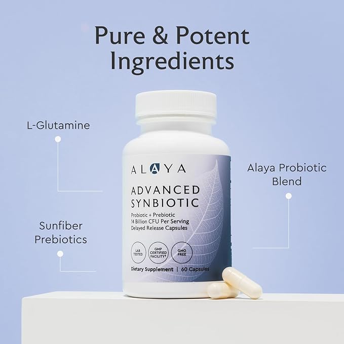 Alaya Naturals Advanced Synbiotic - Probiotic + Prebiotic - 14 Billion CFU Delayed Release Probiotic Supplement with Prebiotics from Sunfiber®, and L-glutamine for Gut Lining Integrity - 60 Capsules