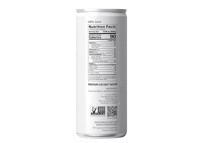Once Upon a Coconut Blueberry Coconut Water - Low-Calorie, All-Natural Drink with Electrolytes - Non-GMO, Gluten-Free - Pack of 12 Cans (each 10.8 fl oz)