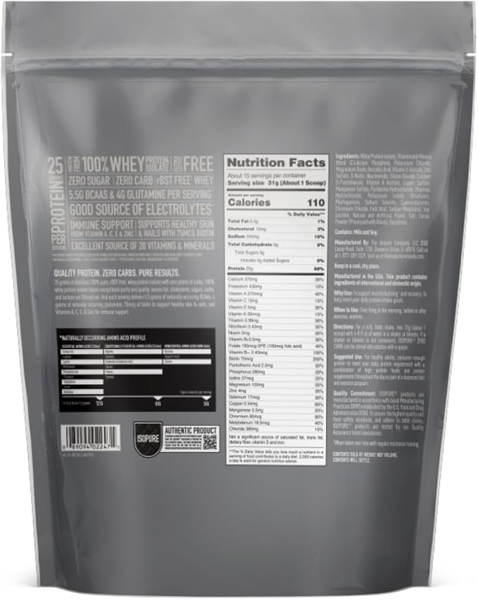 Isopure Zero Carb 100% Pure Whey Isolate Protein Powder, Lactose Free, Gluten Free, With Vitamins, Cookies & Cream, 25g Protein Per Serving, 1 Lb, 15 Servings