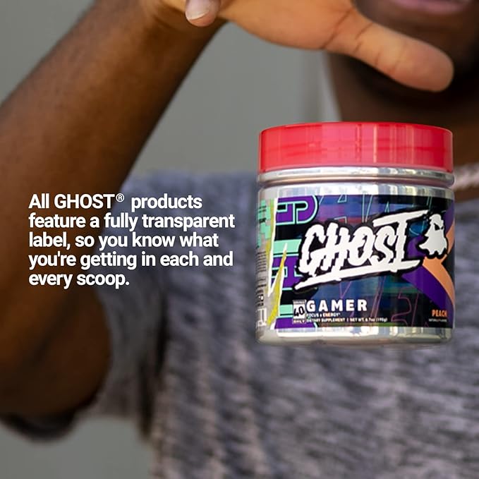 GHOST Gamer: Energy and Focus Support Formula - 40 Servings, Peach - Nootropics & Natural Caffeine for Attention, Accuracy & Reaction Time - Vegan, Gluten-Free