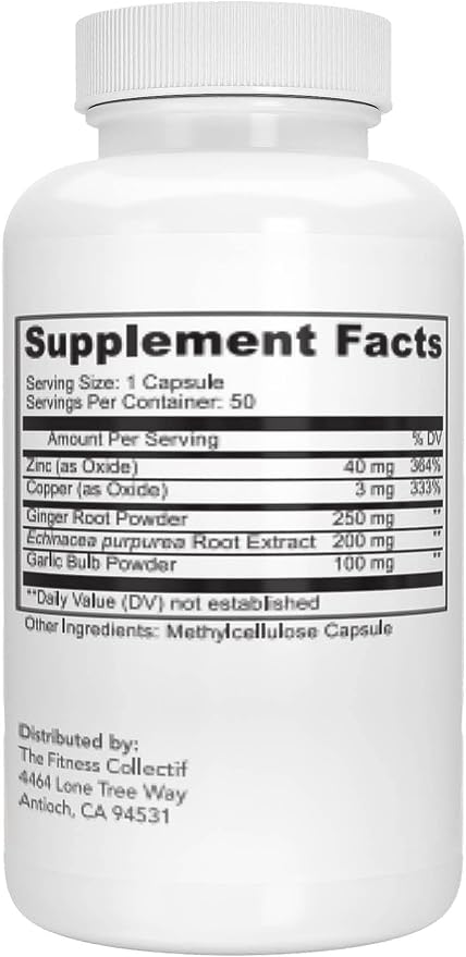 Immune Support Booster Supplement with Echinacea, Zinc 40mg, Garlic, Copper & Ginger, 50 Count