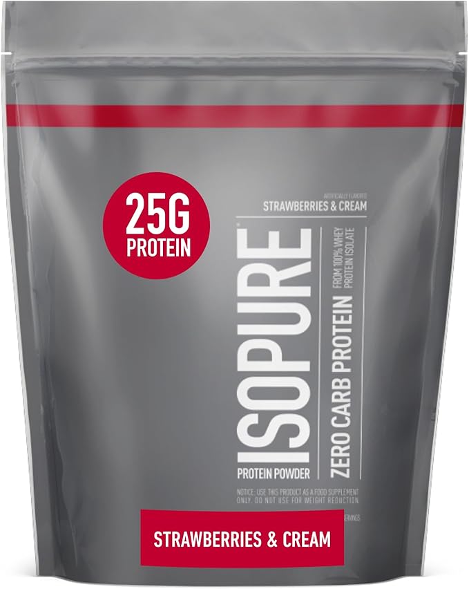 Isopure Zero Carb 100% Pure Whey Isolate Protein Powder, Lactose Free, Gluten Free, With Vitamins, Strawberries & Cream, 25g Protein Per Serving, 1 Lb, 15 Servings
