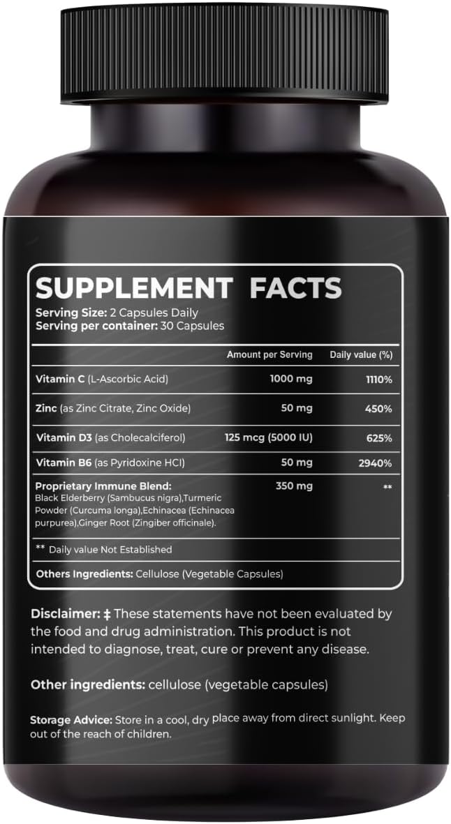 Nutraceuticals 8-in-1 Immune Support Supplement with Echinacea, Vitamin C, Zinc 50mg, Vitamin D 5000 IU, Turmeric Curcumin, Ginger, B6, and Elderberry – 60 Capsules