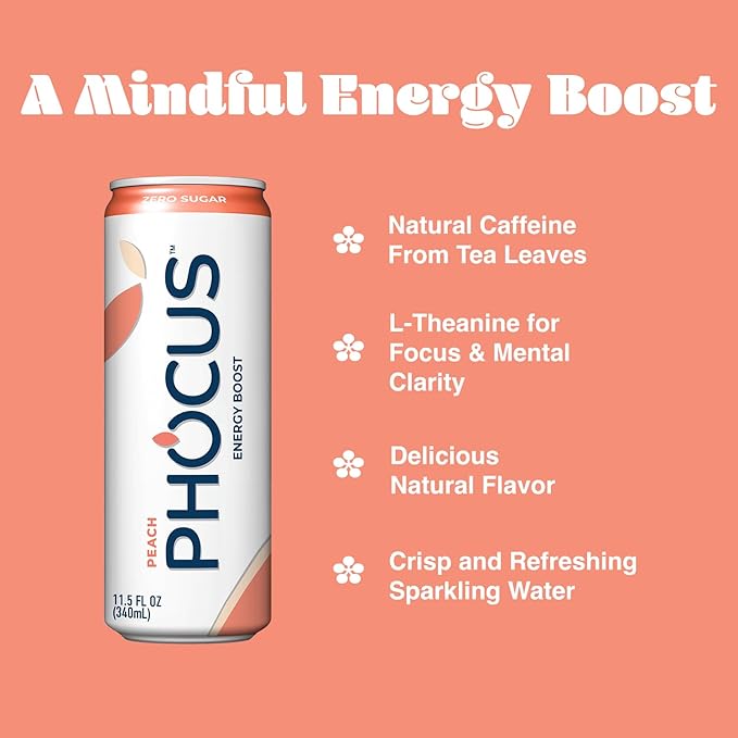 PHOCUS Energy Drink, Peach Sparkling Water, 75mg Natural Caffeine Plus L-Theanine, Zero Sugar, Zero Calories, No Artificial Sweeteners, 11.5 fl oz Cans (Pack of 12)