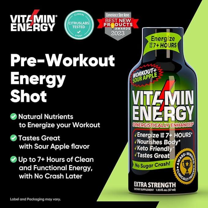 Vitamin Energy Workout+ Extra Strength Daily Energy Shot – Sour Apple – 260mg Natural Caffeine, B-Vitamins – Pre-Workout & Endurance Support – Zero Sugar, Vegan, Kosher – 1.93 fl oz, 48-Pack