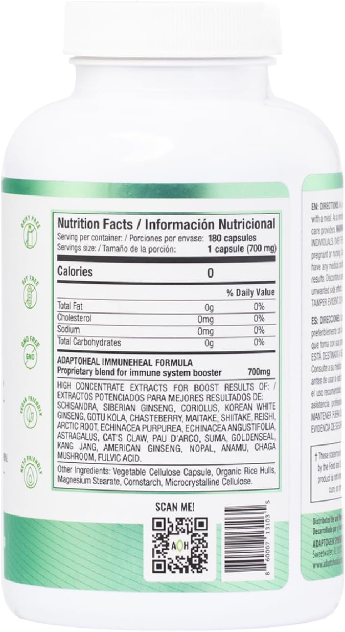 Immuneheal – Adaptogen, Immune System Booster Supplement with Schisandra Chinensis, Ginseng and Mushroom Extract (180 Capsules)