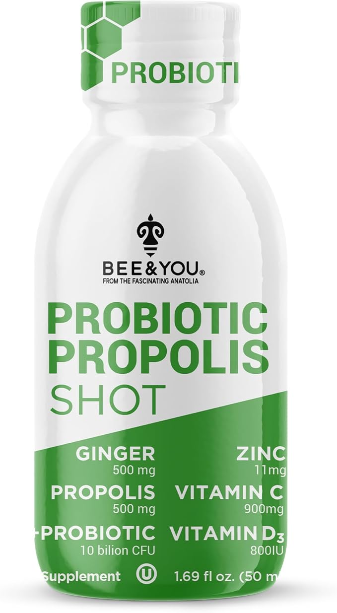 Bee and You Propolis Immune Shot, Probiotic, Vitamin C, Vitamin D3, Zinc, Ginger, Immune Support, Gut Health, Digestive Health, Bioactive 1.69 Fl. oz, 12 Pack