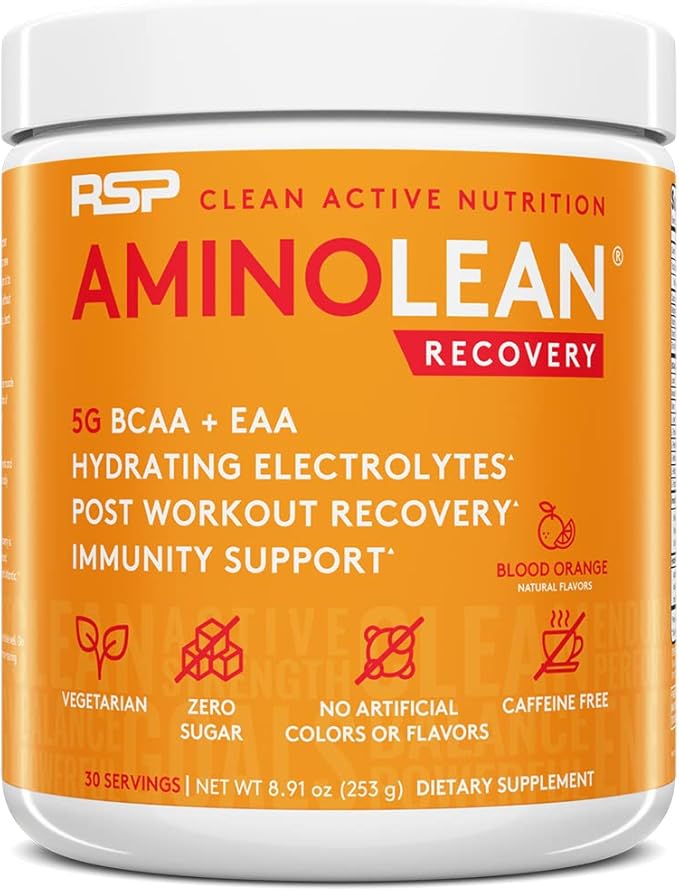 RSP AminoLean Recovery - Post Workout BCAAs Amino Acids Supplement + Electrolytes, BCAAs and EAAs for Hydration Boost, Immunity Support - Muscle Recovery Drink, Vegan Aminos, Blood Orange…