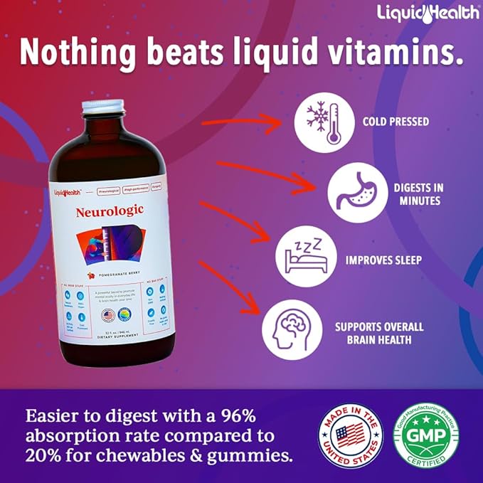 LIQUIDHEALTH Neurologic Focus Supplement - Brain Booster Nootropic Supplement for Cognitive Function, Memory & Focus with Ginkgo Biloba, Choline, L-Theanine & Phosphatidylserine - USA Made (32 oz)