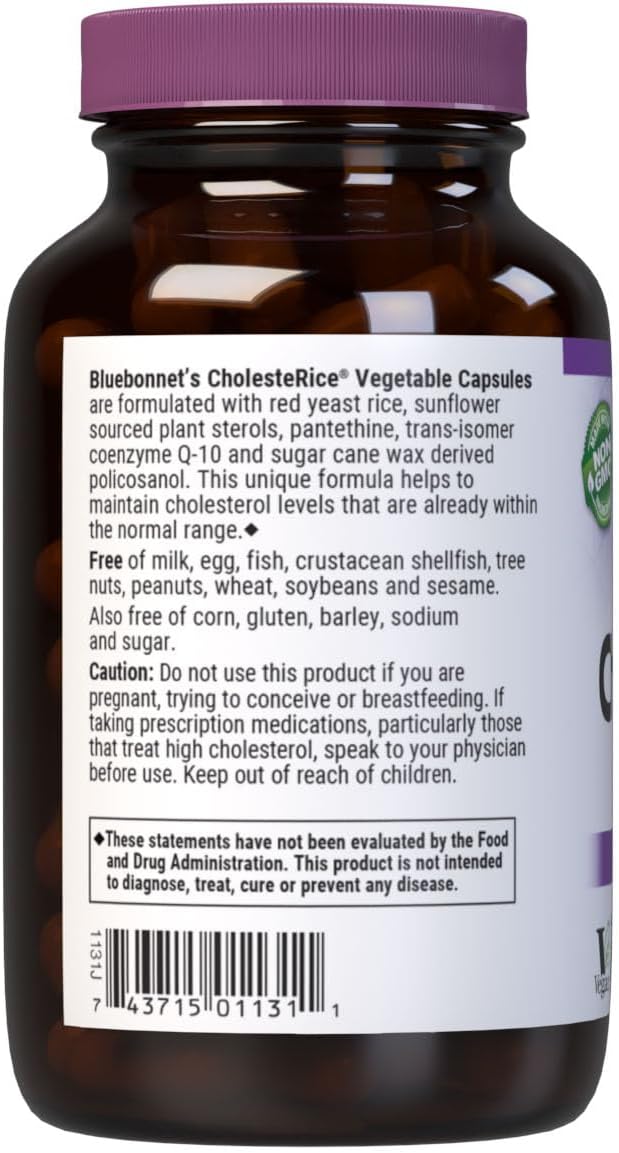 Bluebonnet Nutrition CholesteRice Vegetable Capsules, Red Yeast Rice, Plant Sterols, Pantethine, CoQ10, Policosanol, Vegan, Vegetarian, Non GMO, Gluten Free, Milk Free, SOY-FREE, 60 Vegetable Capsules