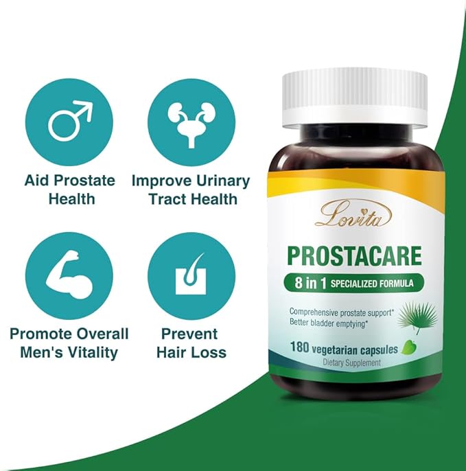 Lovita Prostate Health, 8 in 1 Exclusive Prostate Supplements for Men with Saw Palmetto 500mg, Stinging Nettle, Lycopene for Normal Urination Frequency, 180 Veggie Capsules (Pack of 3)