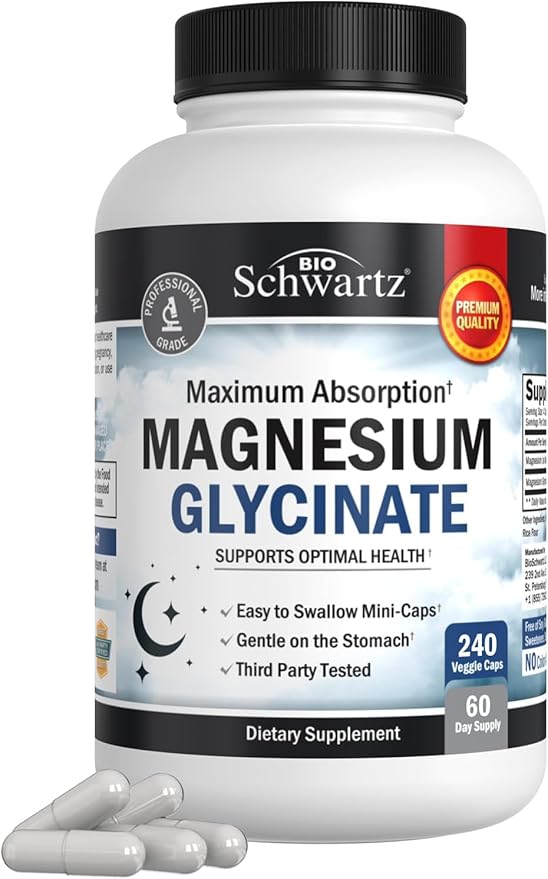 Magnesium Glycinate 500mg Capsules (240 Mini Caps) Maximum Absorption Magnesium Supplement for Nerves Muscles Heart Mood and Sleep Support (Vegan Safe with No Gluten, Soy or GMOs) by BioSchwartz