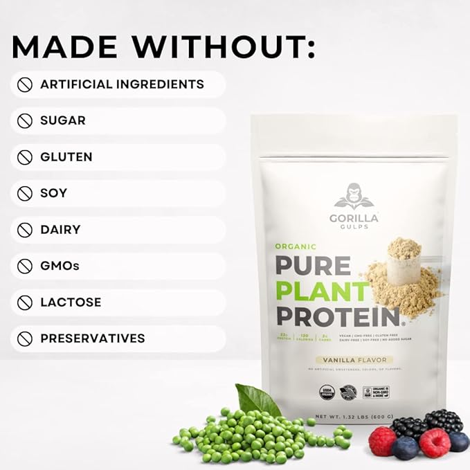100% Organic Pure Plant Protein Powder | USDA Certified | Organic Protein Powder | Vegan | Non-GMO | Sugar, Soy, Dairy, & Gluten Free | 20 Servings - Vanilla Bean