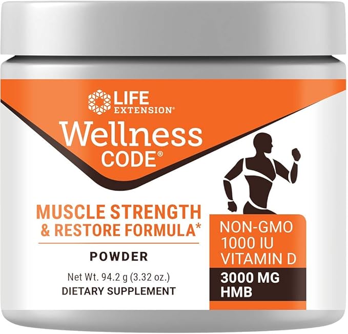 Life Extension Wellness Code® Muscle Strength & Restore Formula, Vitamin D3, ß-Hydroxy-ß-Methylbutyrate Monohydrate (HMB), Muscle Health, Gluten Free, Non-GMO, 94.2 g